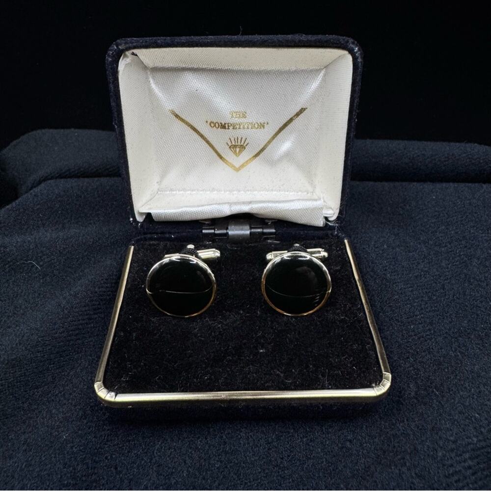 Vtg The Competition Black Onyx Cufflinks in Original Box